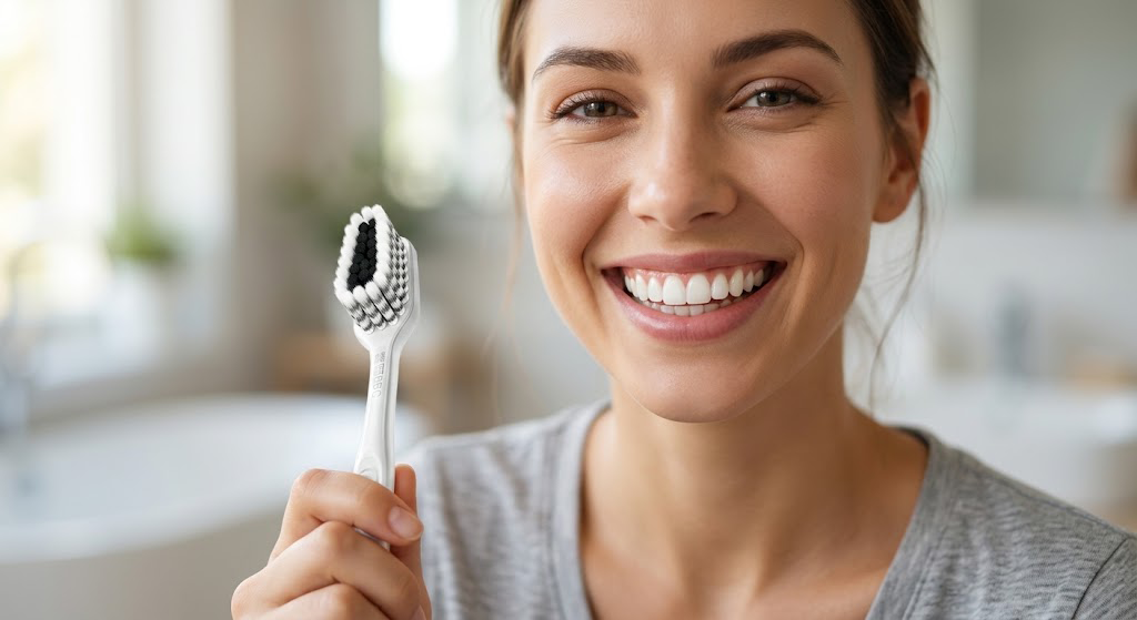 A detailed close-up of a vibrant, healthy smile with clean, white teeth and firm pink gums, illustrating the positive dental health results achieved through consistent use of an effective oral hygiene routine that includes an indicator bristle toothbrush.