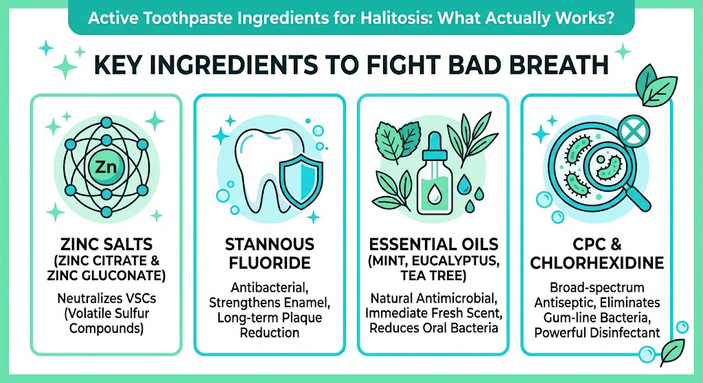 Infographic detailing active toothpaste ingredients for halitosis including zinc salts, stannous fluoride, essential oils, and CPC.