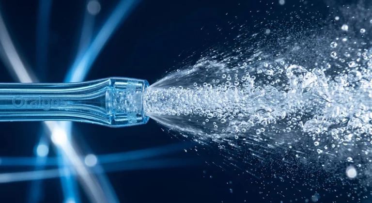 Oralgos micro-bubble water flosser nozzle spraying an oxygen-rich water stream with high-tech cavitation bubbles.