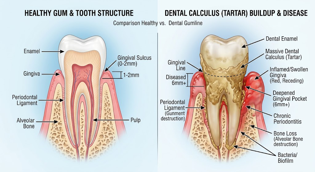Diagram showing swimmer's calculus tartar buildup along the gumline