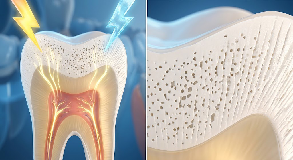 Side by side comparison showing temporary tooth sensitivity vs intact healthy enamel after whitening.