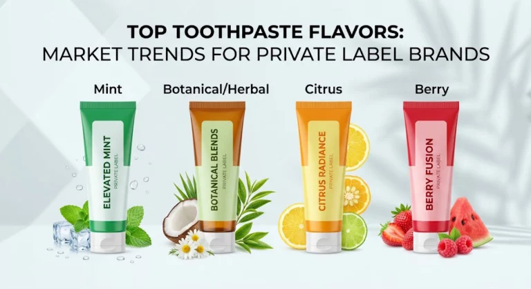 Top toothpaste flavors graphic showing mint, botanical, citrus, and berry trends for private label brands.