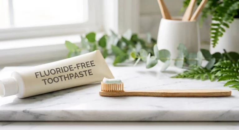 A natural fluoride-free toothpaste squeezed on a bamboo toothbrush, representing clean daily oral care.