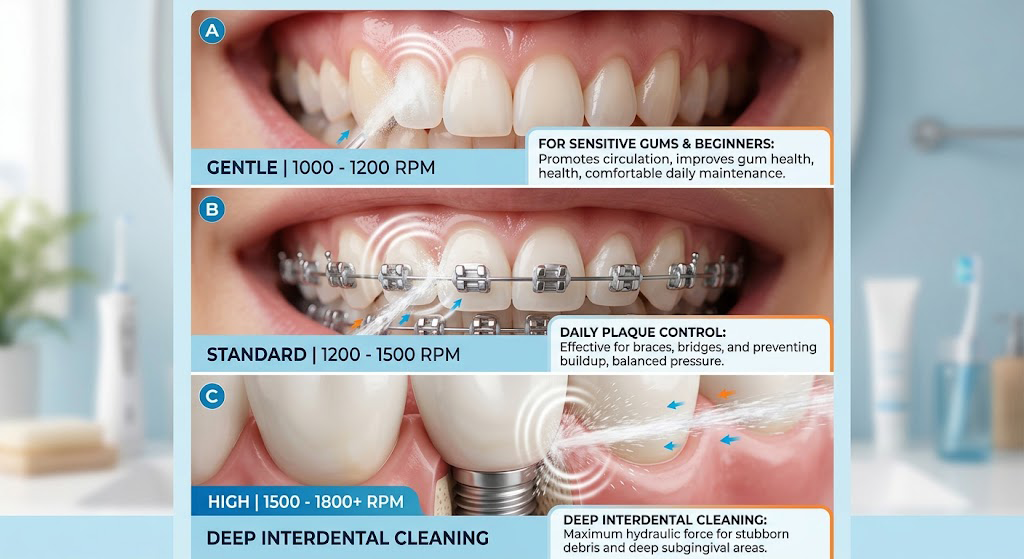 Comparison chart of oral irrigator pulsation rate showing Gentle 1000-1200 RPM, Standard 1200-1500 RPM, and High 1500-1800+ RPM modes