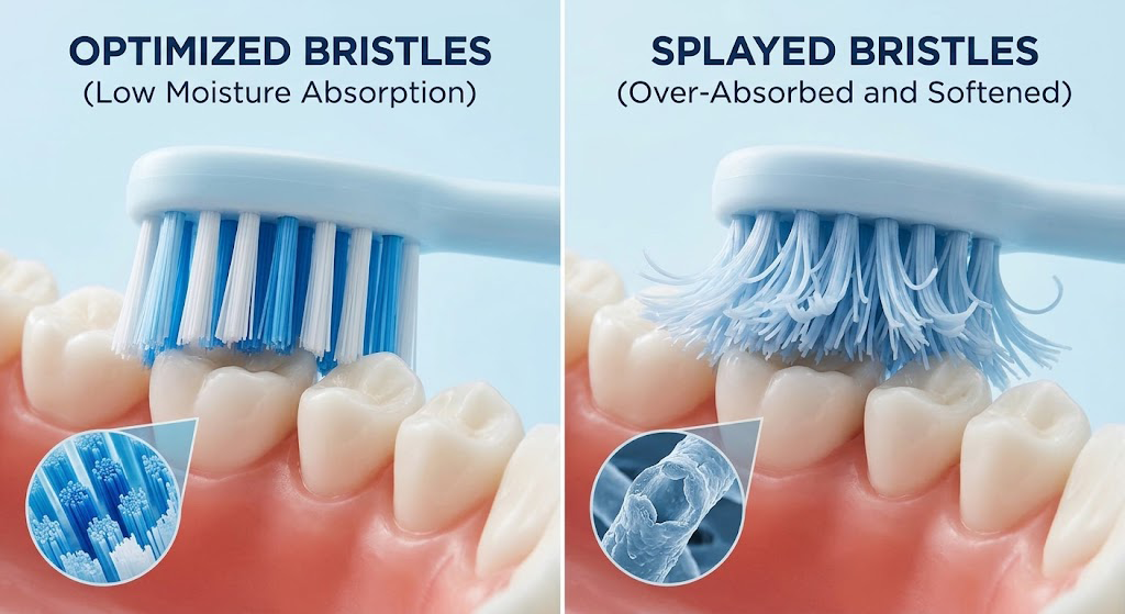 Impact of toothbrush filament moisture absorption on bristle stiffness and splaying