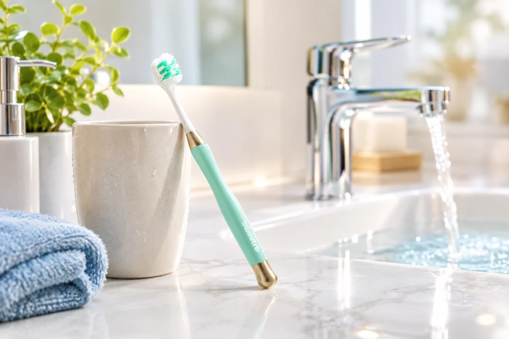 A manual toothbrush ready to brush teeth with warm or cold water on a bathroom counter.