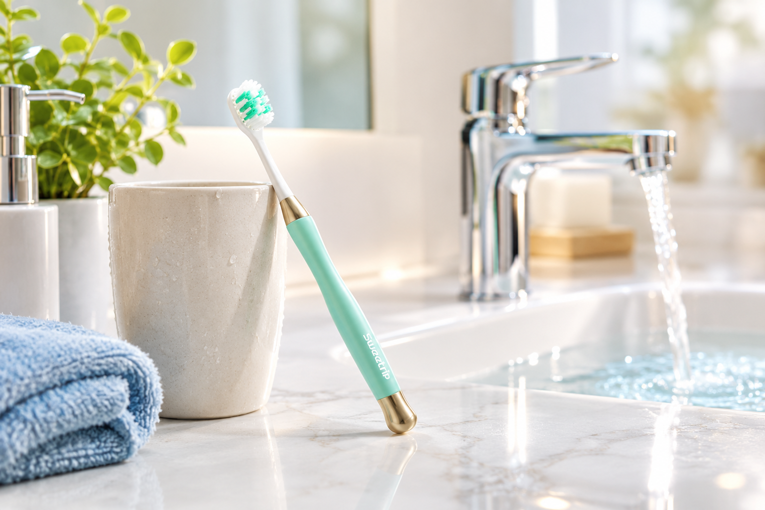 A manual toothbrush ready to brush teeth with warm or cold water on a bathroom counter.
