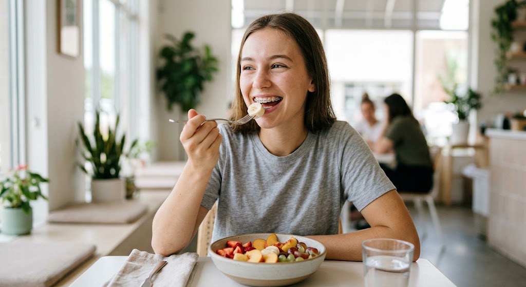 A smiling teenager knowing how to eat with braces safely by enjoying sliced fruit
