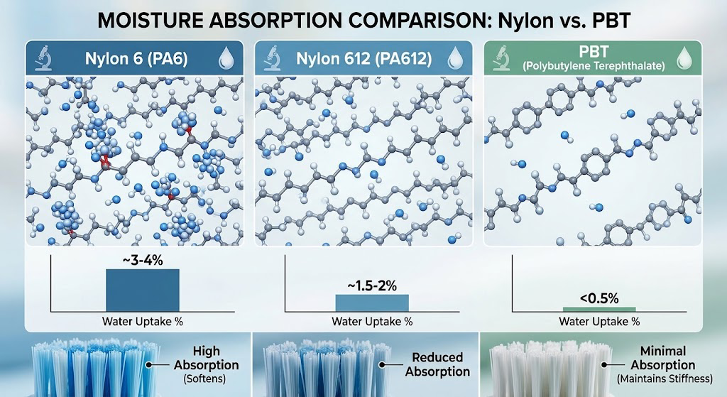 Diagram of toothbrush filament moisture absorption comparing Nylon 6 and PBT polymer structures