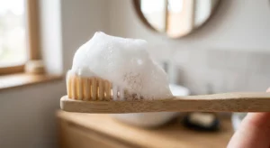 Close-up of rich white toothpaste foam on a toothbrush head in a bright, modern bathroom.