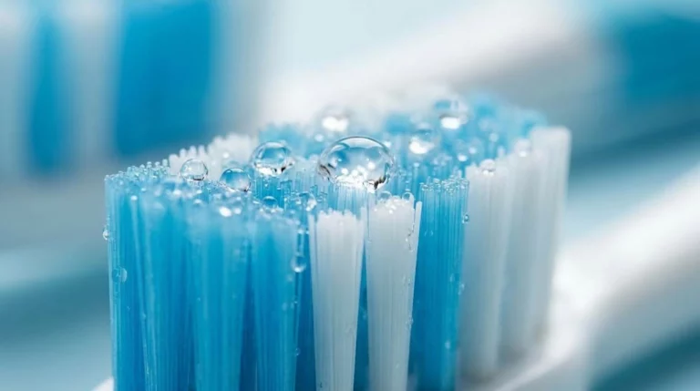 High-macro view of toothbrush filament moisture absorption showing water droplets on bristles