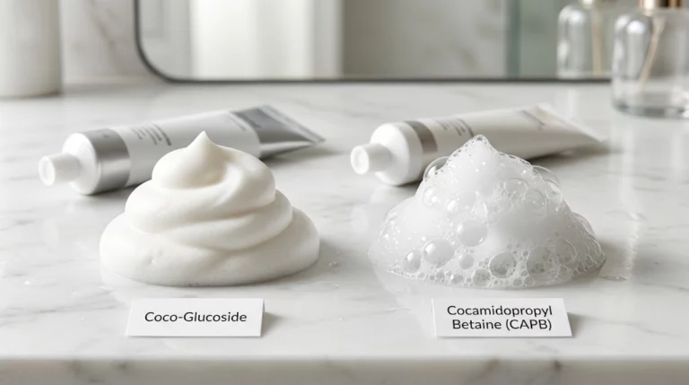 Macro photo comparing dense creamy Coco-Glucoside micro-foam with voluminous airy CAPB foam for toothpaste.