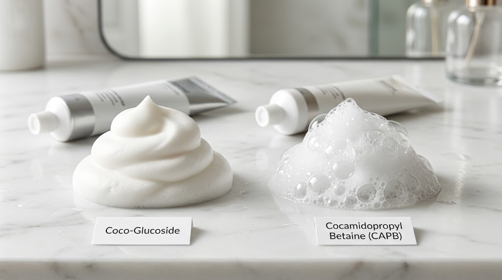 Macro photo comparing dense creamy Coco-Glucoside micro-foam with voluminous airy CAPB foam for toothpaste.