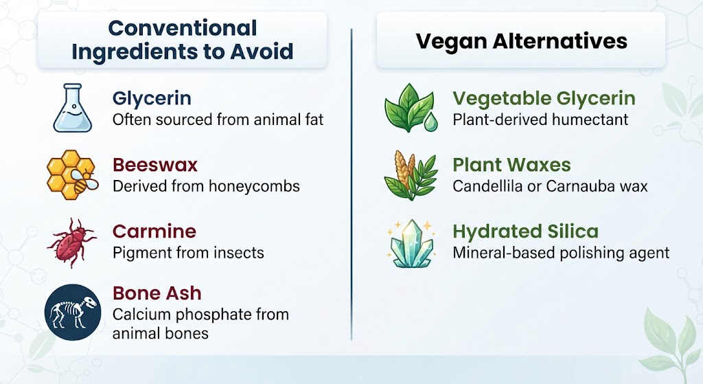 Comparison chart showing non-vegan vs plant-based vegan toothpaste ingredients