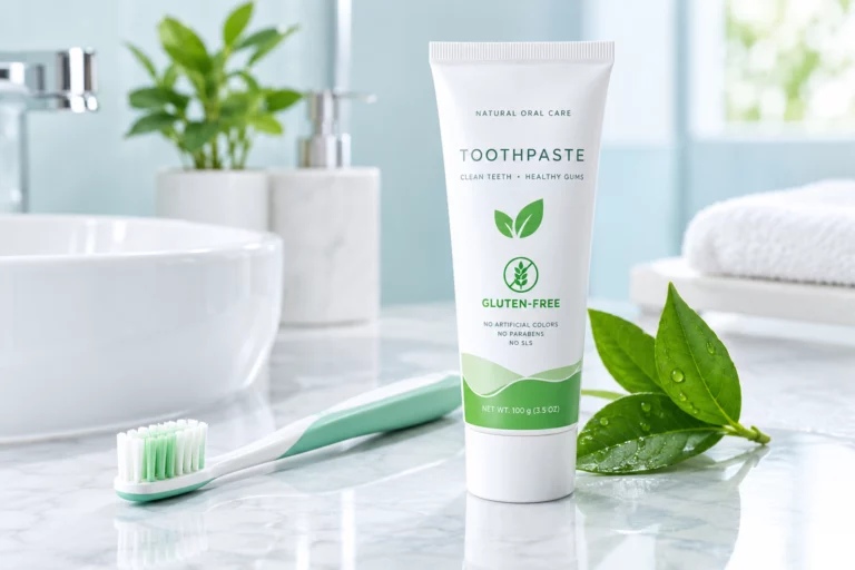 A tube of gluten-free toothpaste placed next to a toothbrush in a clean bathroom setting.