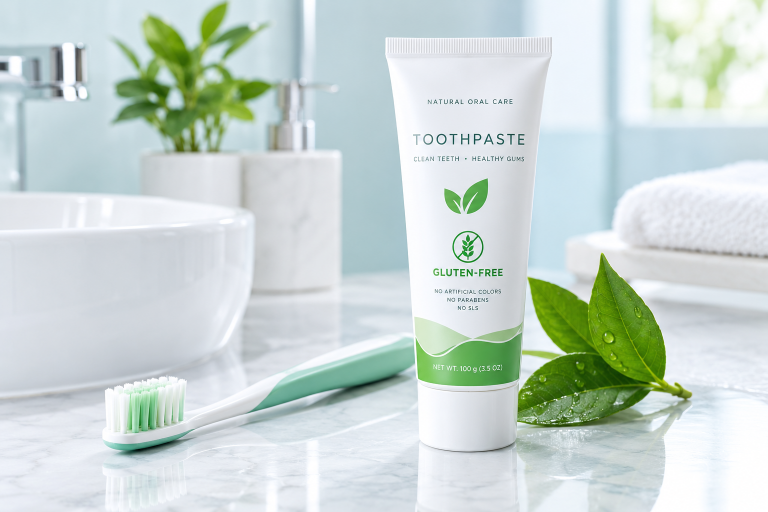 A tube of gluten-free toothpaste placed next to a toothbrush in a clean bathroom setting.