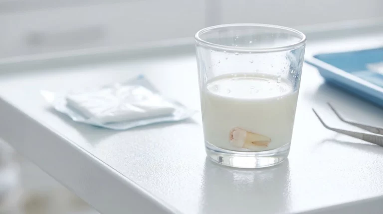 Emergency guide on how to handle a knocked-out tooth stored in a glass of milk