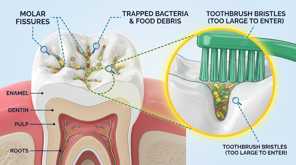 Microscopic view of deep molar fissures trapping food particles and bacteria