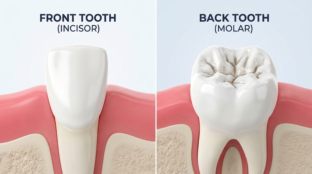 3D illustration showing why back teeth decay faster than smooth front teeth