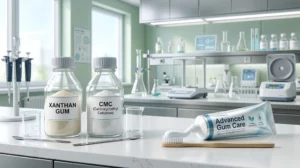 Raw material jars of Xanthan Gum and CMC powder next to extruded toothpaste in an oral care lab setting.